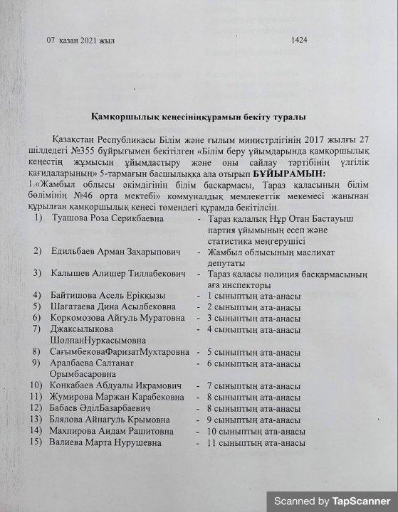 Қамқоршылық кеңесінің құрамын бекіту туралы