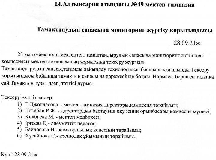 Тамақтану сапасына монитринг жүргізу қорытындысы