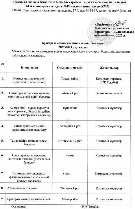 Брокераж комиссиясының жұмыс жоспары