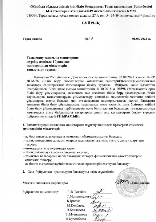 Бракераж комиссиясының міндеттерін таныстыру. Бұйрық №57