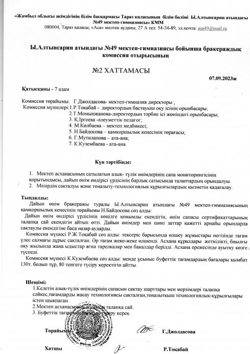 Бракераждық комиссия отырысының хаттамасы №2