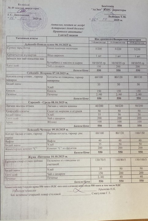 Ас мәзірі апталық  06.10-10.10.2025ж.