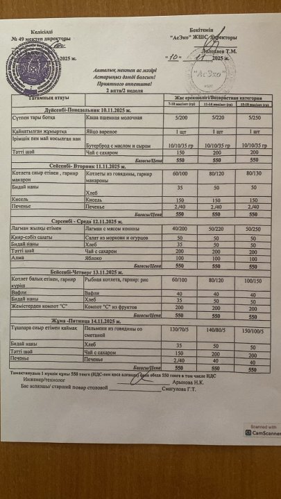 Апталық ас мәзірі  10-15.11.25ж.