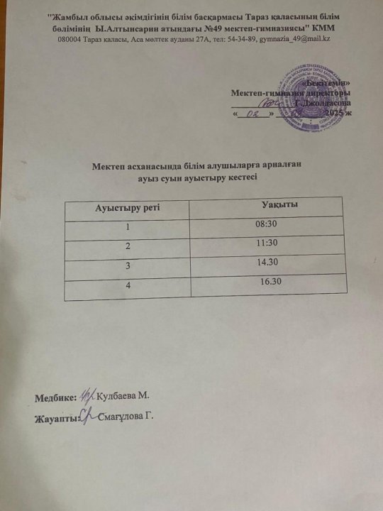Ауыз су ауыстыру кестесі
