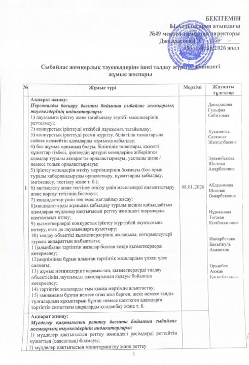 Сыбайлас жемқорлық тәуекелдеріне ішкі талдау жүргізу жөніндегі жұмыс жоспары