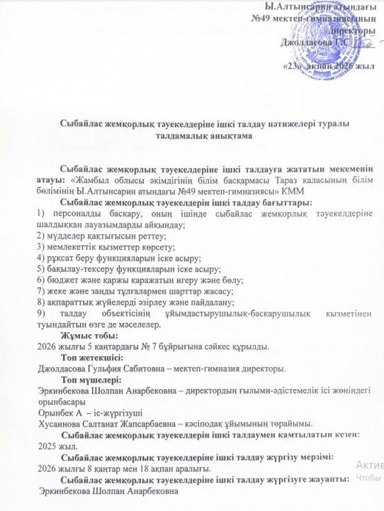 Сыбайлас жемқорлық тәуекелдерін ішкі талдау нәтижелері туралы талдамалық анықтама