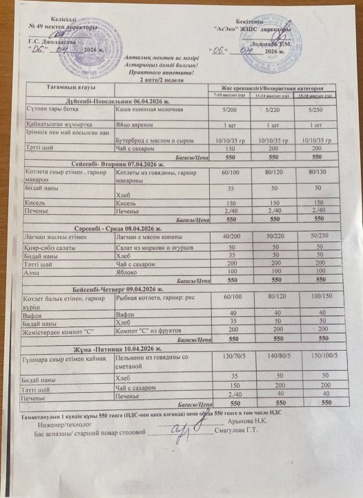 Апталық ас мәзірі 6-10.04.26ж.